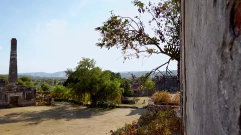 Old Hacienda Yard with Chimney Tower Trees and Rural Landscape View Stock Footage 333917052