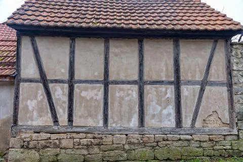 Old half-timbered barn, where you can see the old wood Stock Photos
