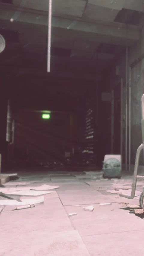Old hall with scattered papers and a green light visible at the end Stock Footage 337998067