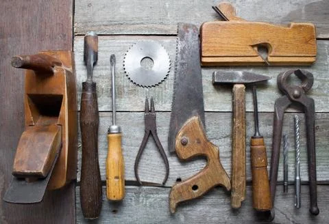 Old hand tools table. Stock Photos