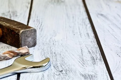 Old hand tools on the wooden work desk Stock Photos