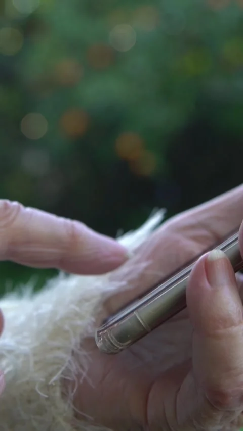 Old hands of Grandma using and looking at smart phone in the garden house Stock Footage 319681456