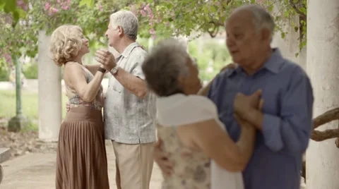 Old happy people dancing, couples of friends during dance Stock Footage