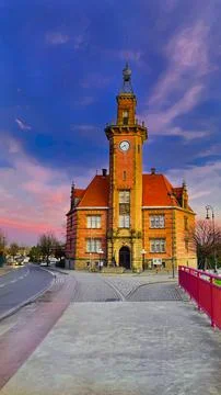 Old harbor tower with clock in Dortmund Stock Photos