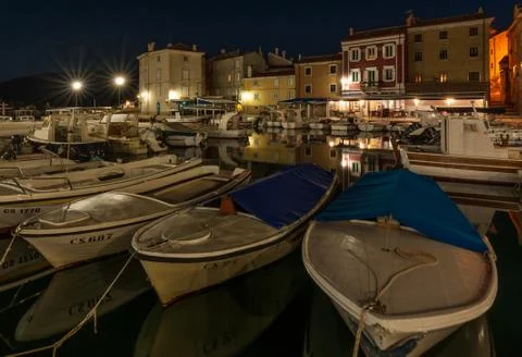 Old harbour of Cres by night Stock Photos
