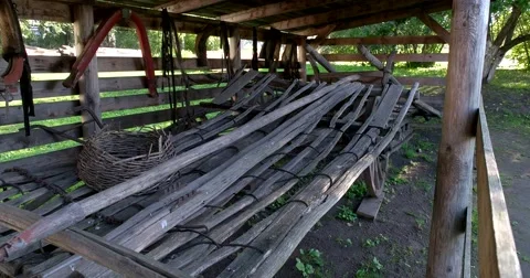 Old harness and trappings in the Museum of wooden architecture. Suzdal Stock Footage 64876701