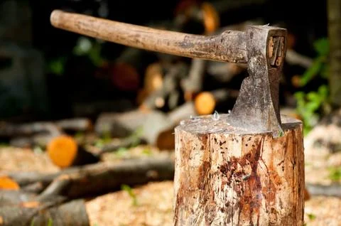 Old heavy axe tool impaled in log Foto stock