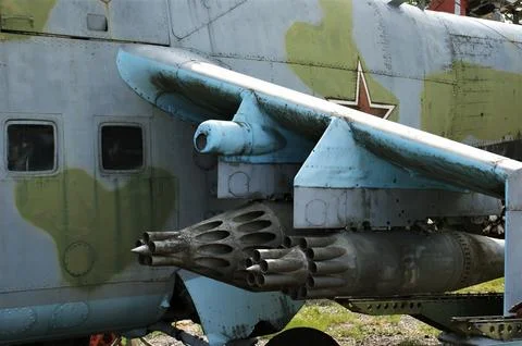 An old helicopter missile launch system. Military aviation of the Soviet Union. Stock Photos