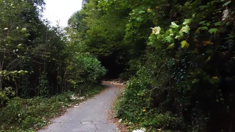 An old highway in the mountains and a mountain river. The view from the drone. Stock Footage 220574279