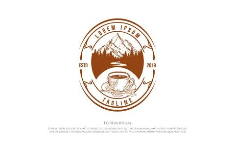Old Hipster Mountain Pine Forest with River Creek and Coffee Cup Badge Embl.. Stock Illustration