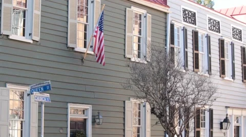 Old historic building on side of queen st and church st in charleston Stock Footage 45533766