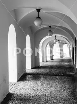 Old historical arcade at Little Square in Old Town, Prague, Czech Republic Stock Photos