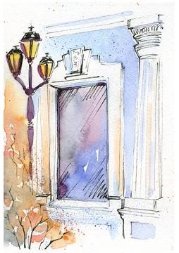 An old historical building with a lantern, a fragment, an autumn watercolor Ilustração Stock