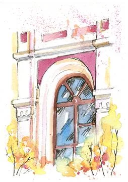 An old historical building with a window, a fragment, an autumn watercolor Ilustração Stock