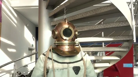 An old historical diving suit coming from the late nineteenth century Video stock 84786176