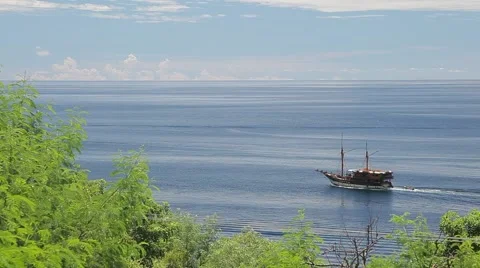 Old historical sailboat on the ocean. Stock Footage 50134047