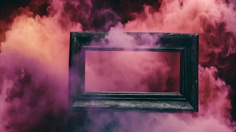 An old horizontal, rectangular frame with slowly moving dry ice smoke aroun.. Stock Footage 273954615