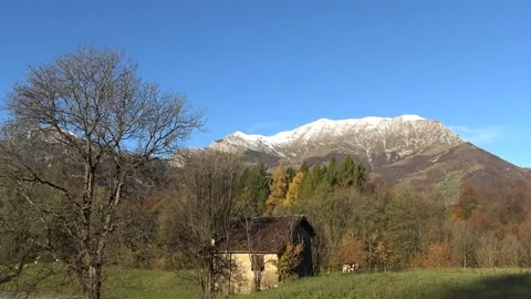 Old house and Grigna Mountain from Barzio, Valsassina, Lecco Stock-Footage 142283471