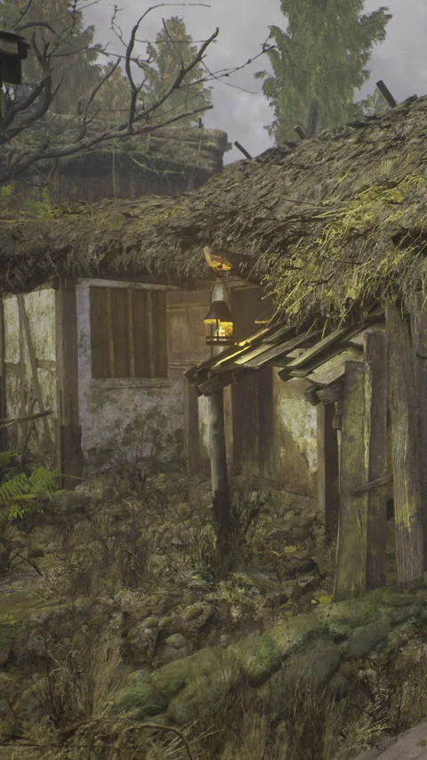 Old house in overgrown area with broken roof and lantern outside at dusk 库存影片 335968728