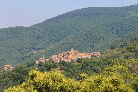Old houses and bell towers on the hill on Elba Island, Marciana, Italy Stock Photos
