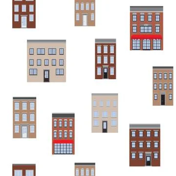Old houses Seamless Pattern. Vector flat lay repeat background Stock Illustration
