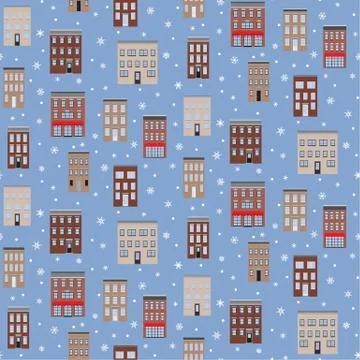 Old Houses Winter Seamless Pattern. Vector flat lay repeat background Stock Illustration