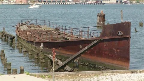 Old hulk rusted boat Stock Footage 93048331