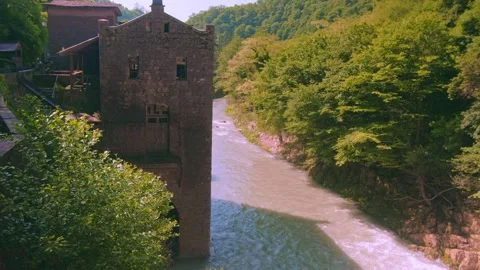 Old hydroelectric dam on river waterfalls, power plant Stock Footage 234960460