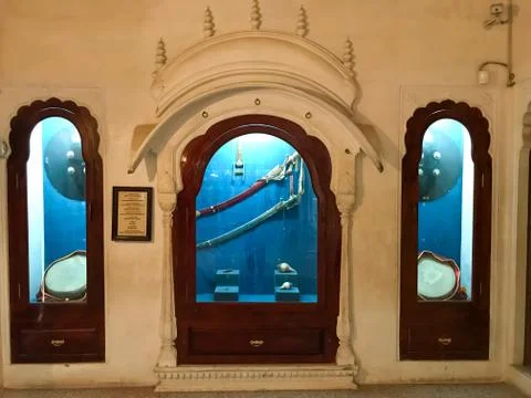 Old Indian weapons inside Junagarh Fort Bikaner, Rajasthan India. Stock Photos