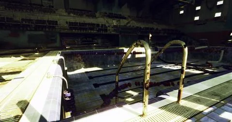 Old indoor pool with rusty ladder and worn tiles in abandoned facility Stock Illustration