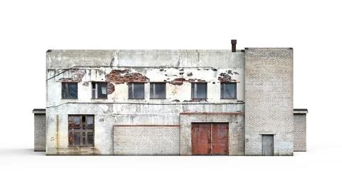 Old industrial building render on a white background. 3D rendering Ilustración de archivo