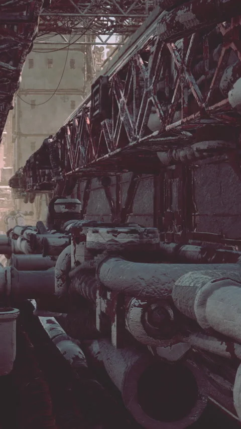 Old industrial pipes in a warehouse getting sunlight in the early morning Stock Footage 338417042