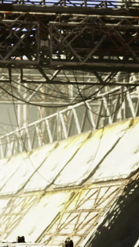 Old industrial structure with cables and roof in a run down area of a city Stock Footage 332208215