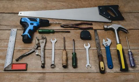 Old instruments constructor or renovation for build and repair house on woode Stock Photos