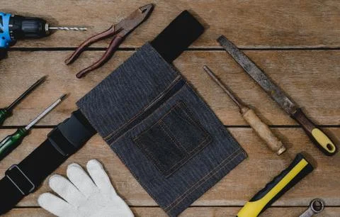 Old instruments constructor or renovation for build and repair house on woode Stock Photos