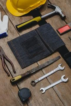 Old instruments constructor or renovation for build and repair house on woode Stock Photos