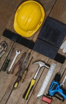 Old instruments constructor or renovation for build and repair house on woode Stock Photos