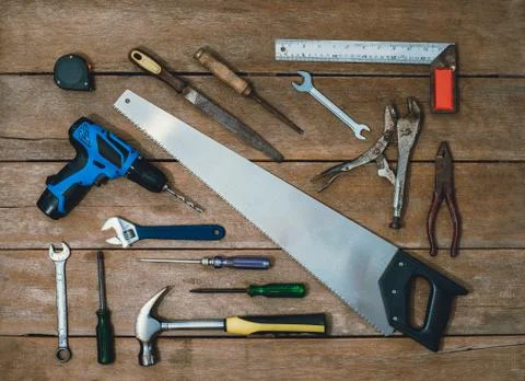 Old instruments constructor or renovation for build and repair house on woode Stock Photos