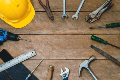 Old instruments constructor or renovation for build and repair house on woode Stock Photos