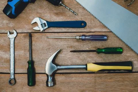 Old instruments constructor or renovation for build and repair house on woode Stock Photos