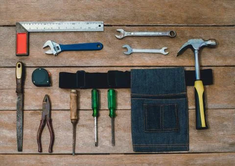 Old instruments constructor or renovation for build and repair house on woode Stock Photos