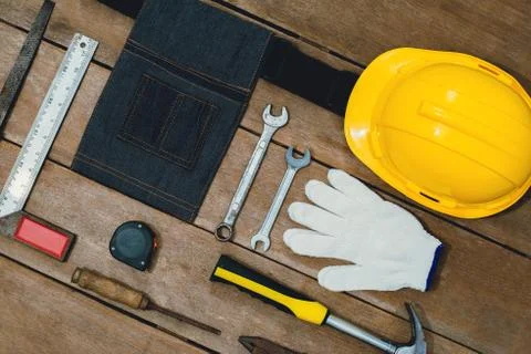 Old instruments constructor or renovation for build and repair house on woode Stock Photos