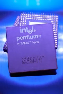 Old Intel Pentium MMX microprocessor close-up. Early Intel Pentium CPU Stock Photos