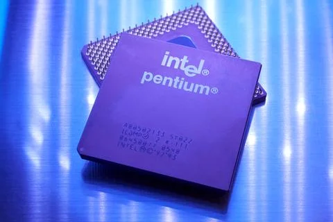 Old Intel Pentium processor close up. Early Intel microprocessor Stock Photos