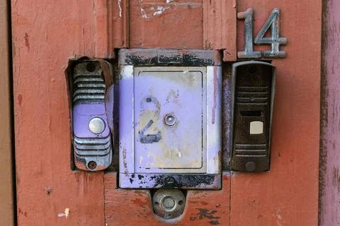 Old intercom smeared in paint Stock Photos