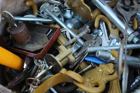 Old iron scrap dump with rusty metal or iron, nails Stock Photos