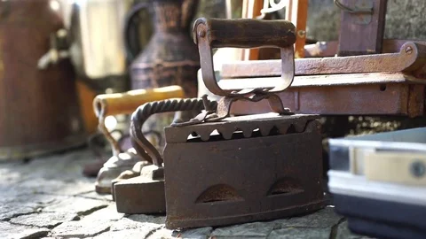 Old irons on the market Stock Footage 81712745