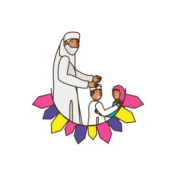 Old islamic man with little kids and garlands 스톡 일러스트