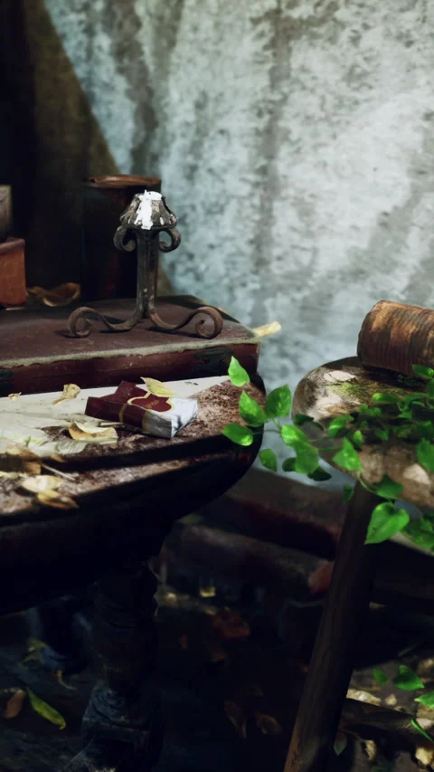 Old items on a table with plants in a rustic indoor setting Stock Footage 341964125