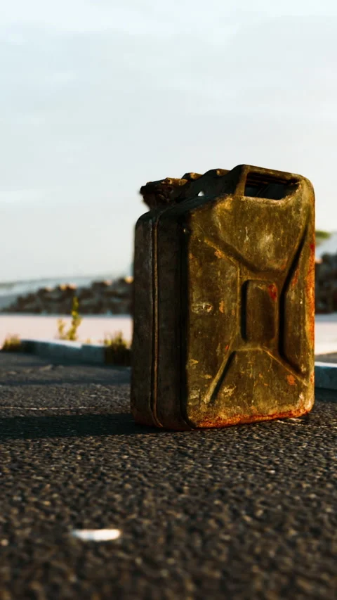 Old jerry can on the roadside during sunset near a body of water Stock Footage 347049409